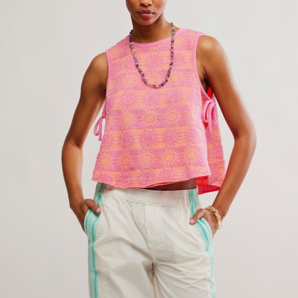 Free People Pink Combo Towel Terry Tank Top Open Side NWT S